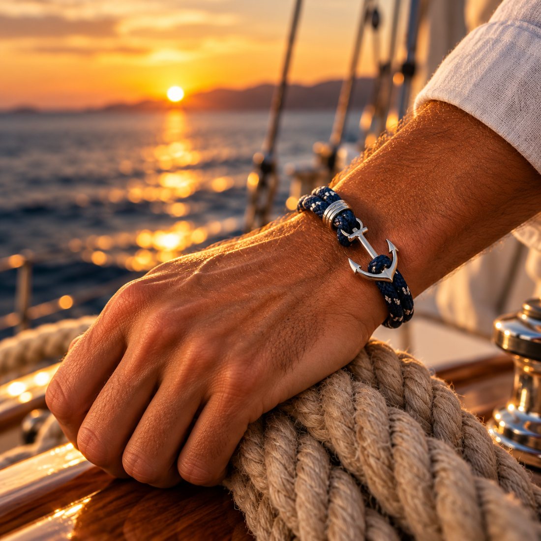 Bracelet marin ancre en corde tressée bleu marine