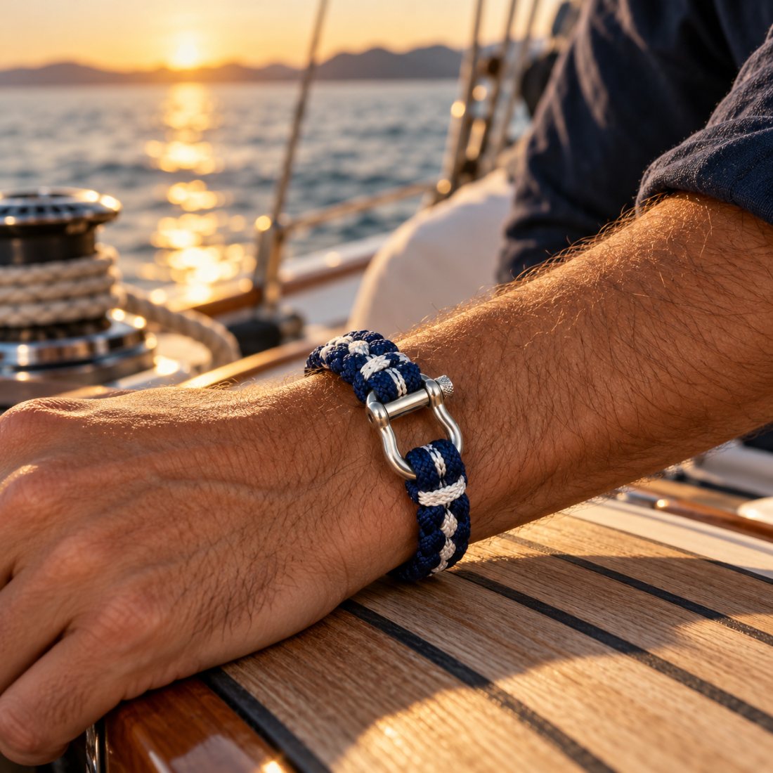 Bracelet marin manille en paracorde bleu marine et blanc