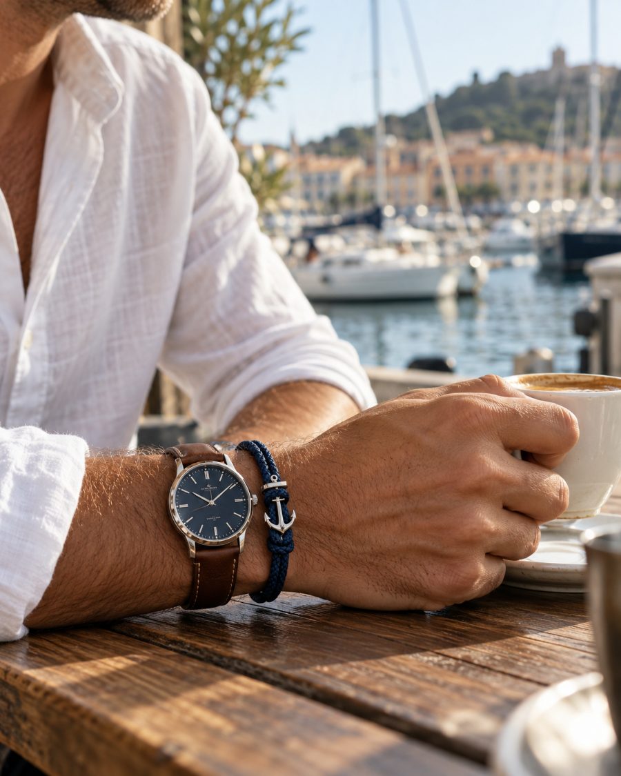 Bracelet marin ancre porté avec une montre en cuir
